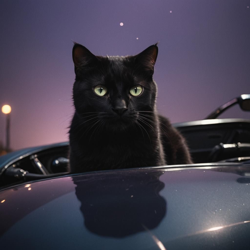 Black Cat on Roadster in Noir Lighting