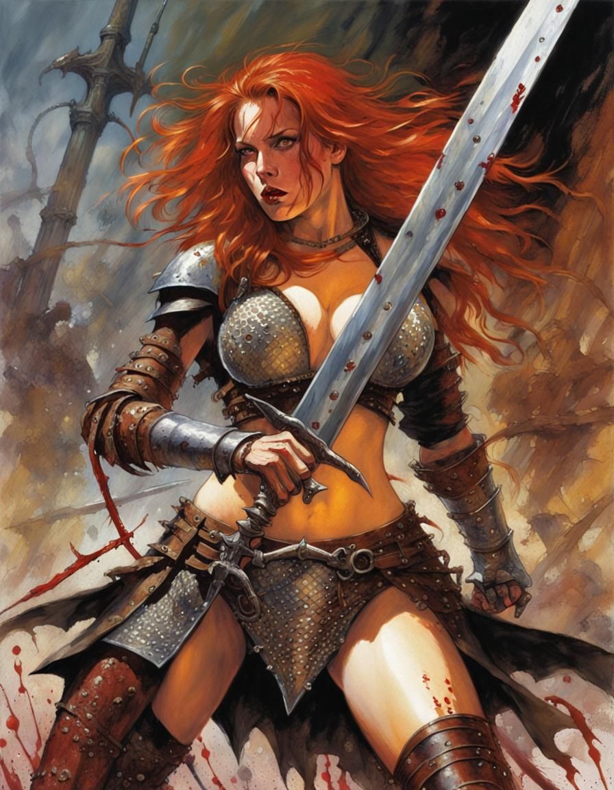 Fierce Red-Haired Warrior Woman in Gritty Fantasy Painting