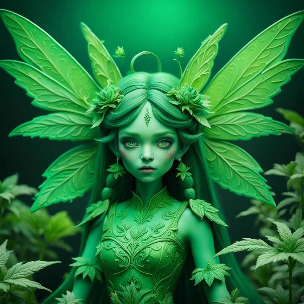 Green Porcelain Fairy Marijuana Doll in Detailed Painting