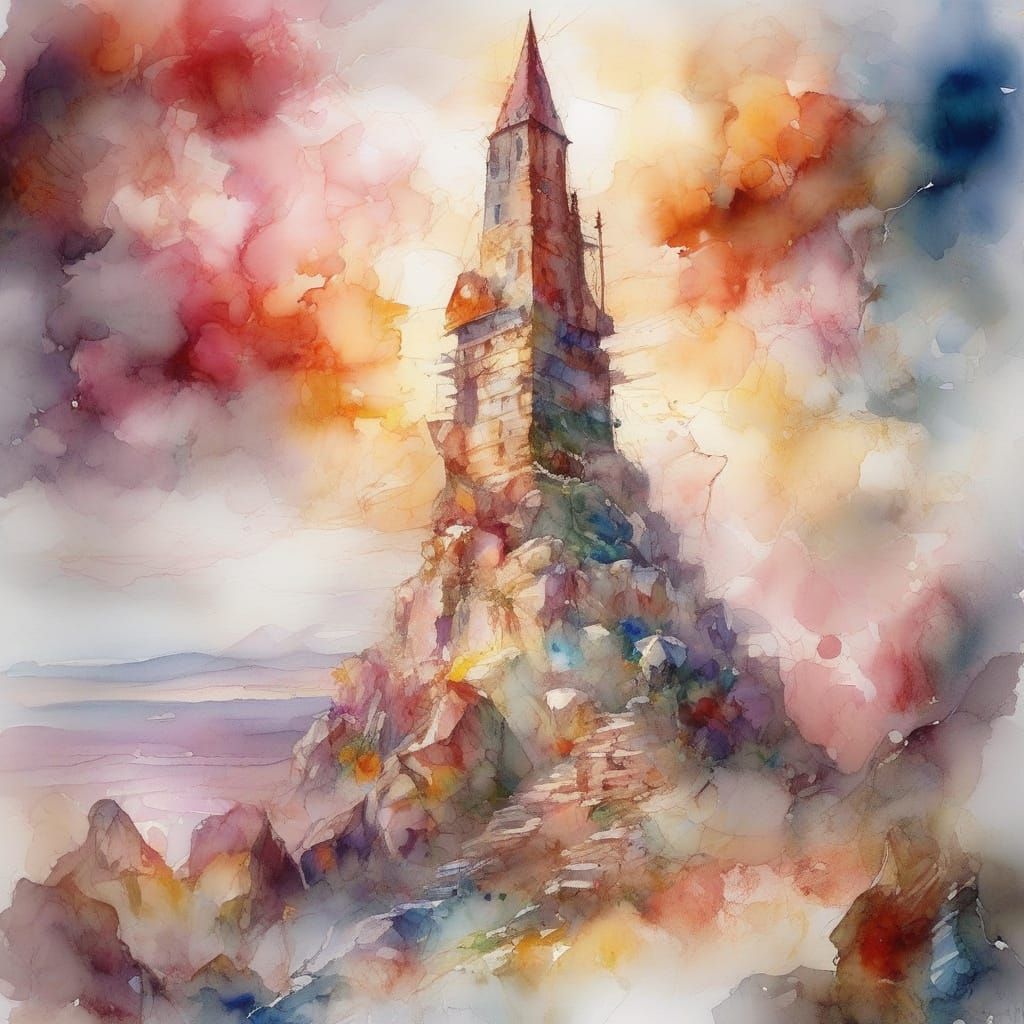 Gemstone Tower in Dreamlike Watercolor Style