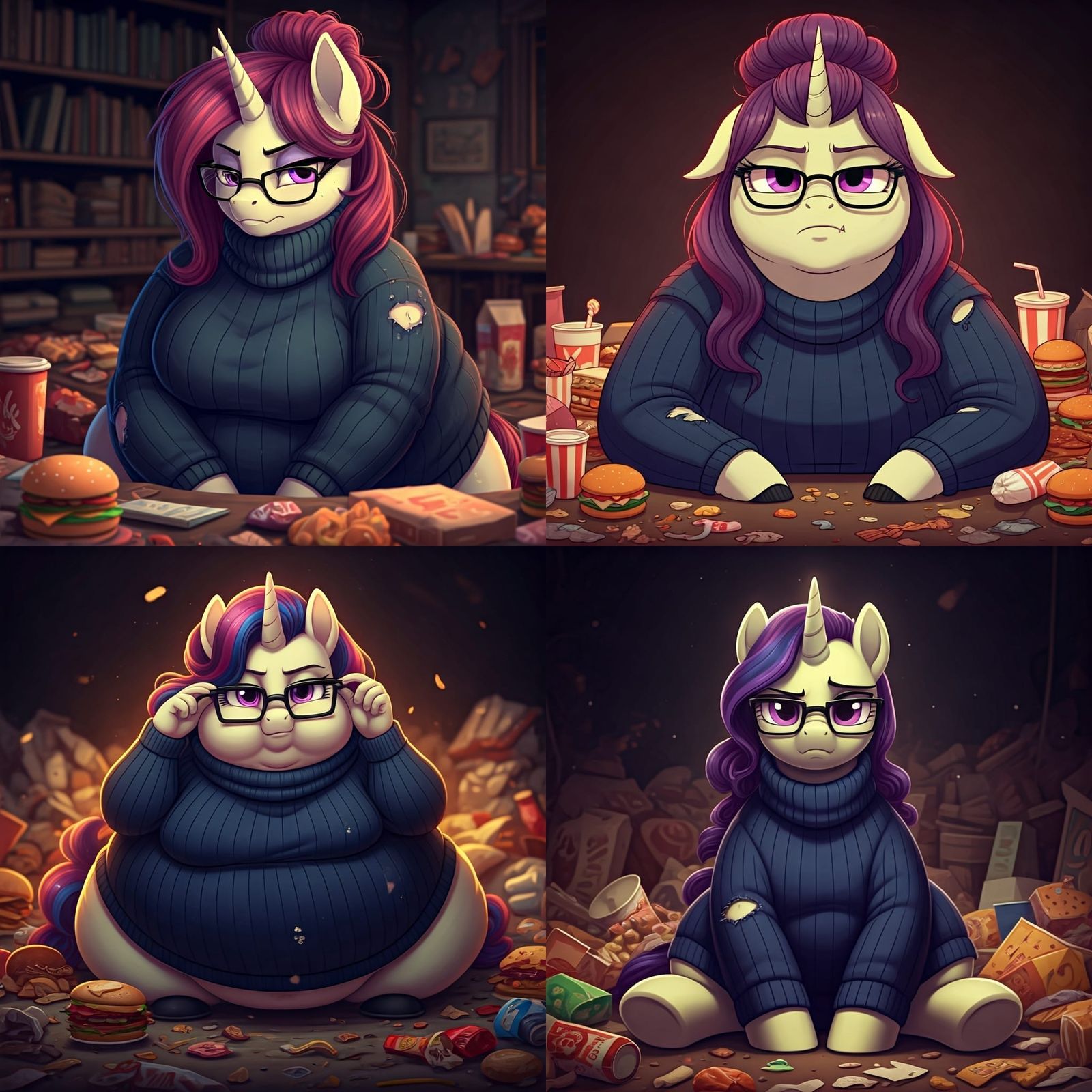 Overweight Unicorn Character Eating Junk Food
