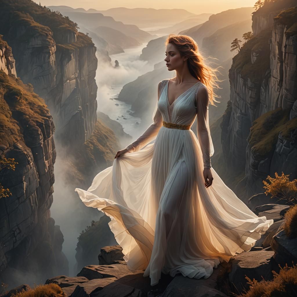 Misty Cliffside Gown: A Cinematic Digital Painting