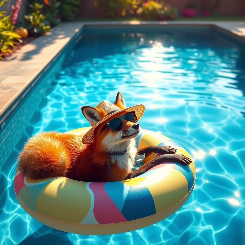 Fox Relaxing in Pool: Photorealistic Summer Scene