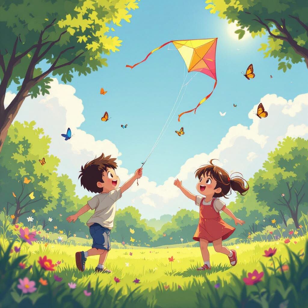 Children Playing in Park in Manga Style