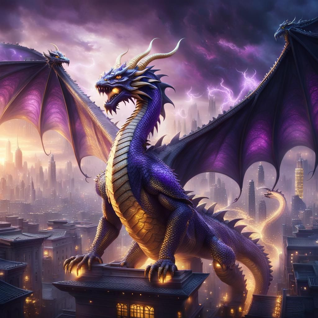 Divine Dragon Over City in Cinematic Style