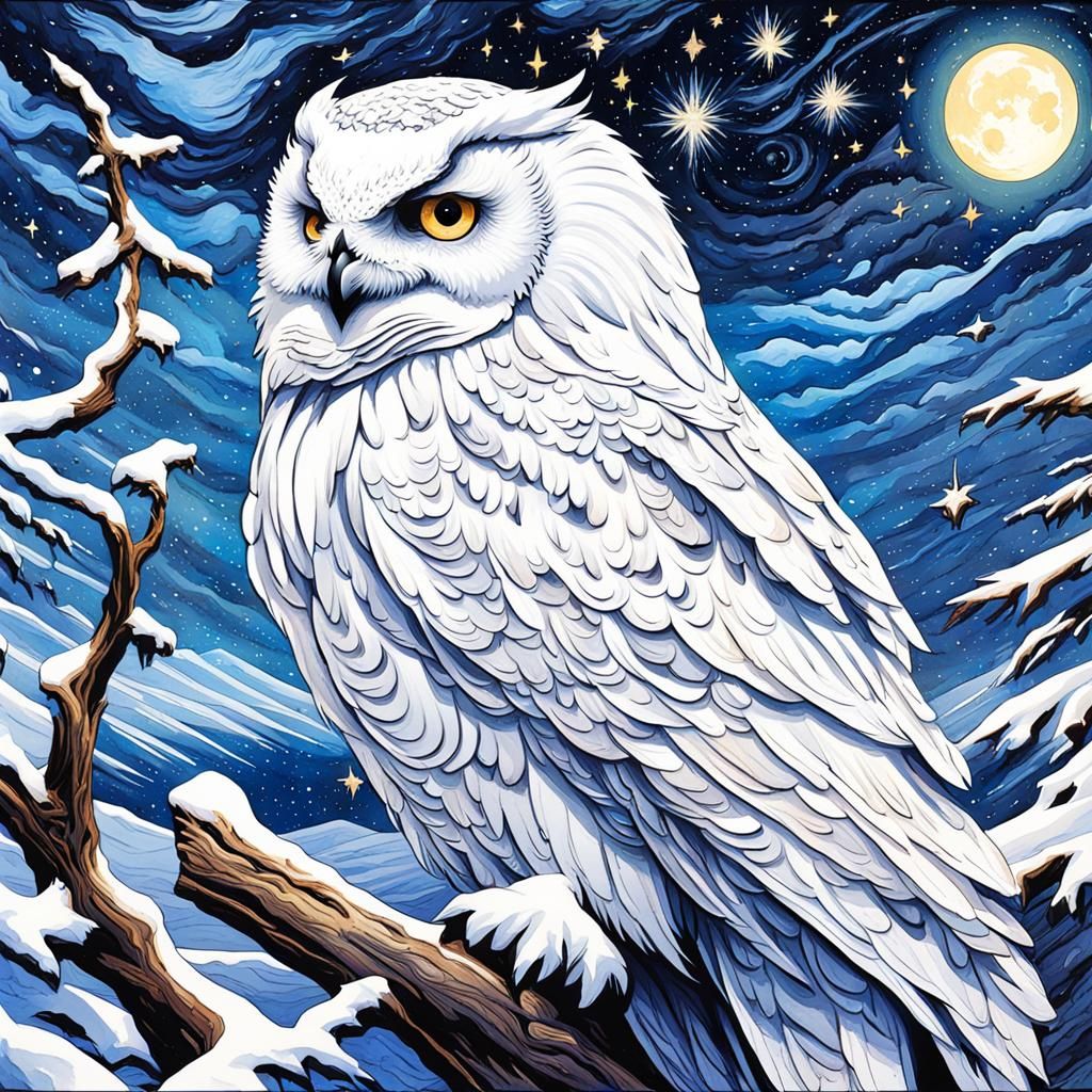Watercolor Snow Owl Under Starry Night Sky