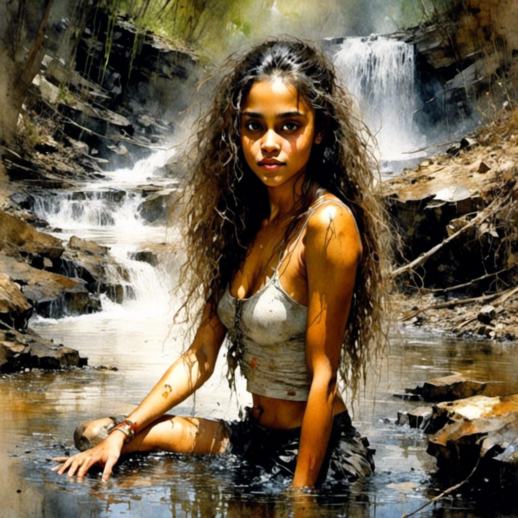 Boho Girl in Stream, Watercolour Impasto Style