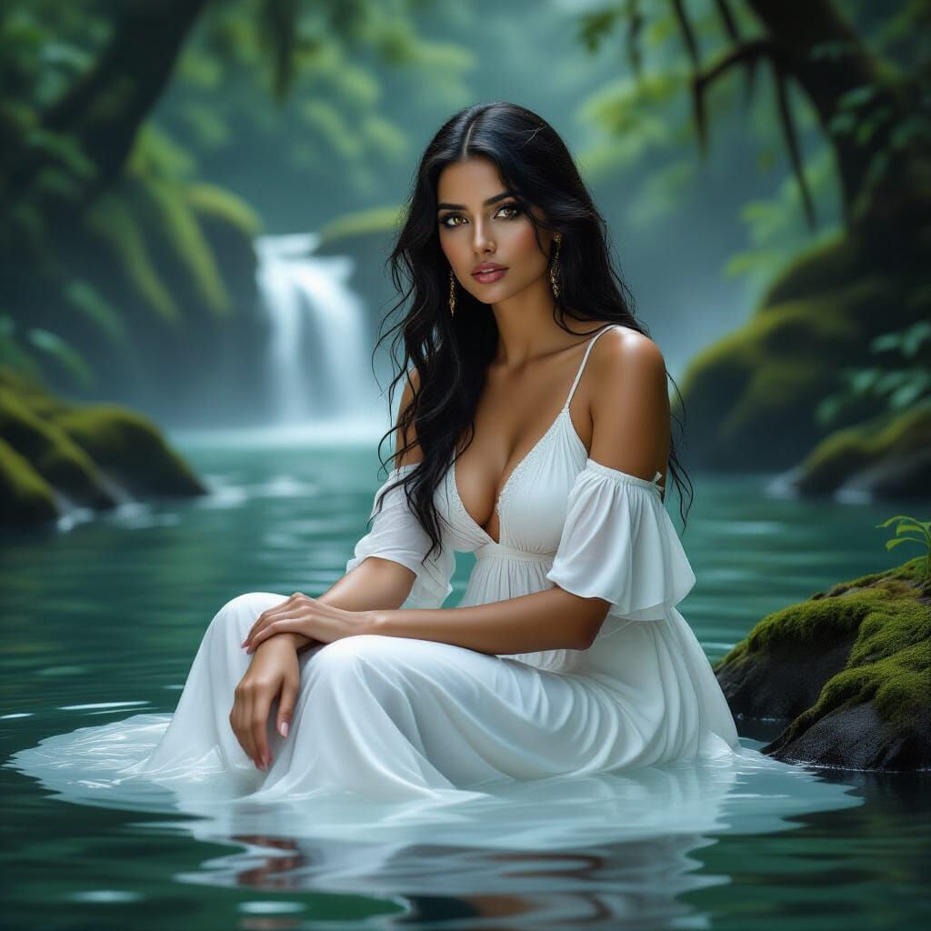 Egyptian Woman in Forest River, Hyperrealistic Style
