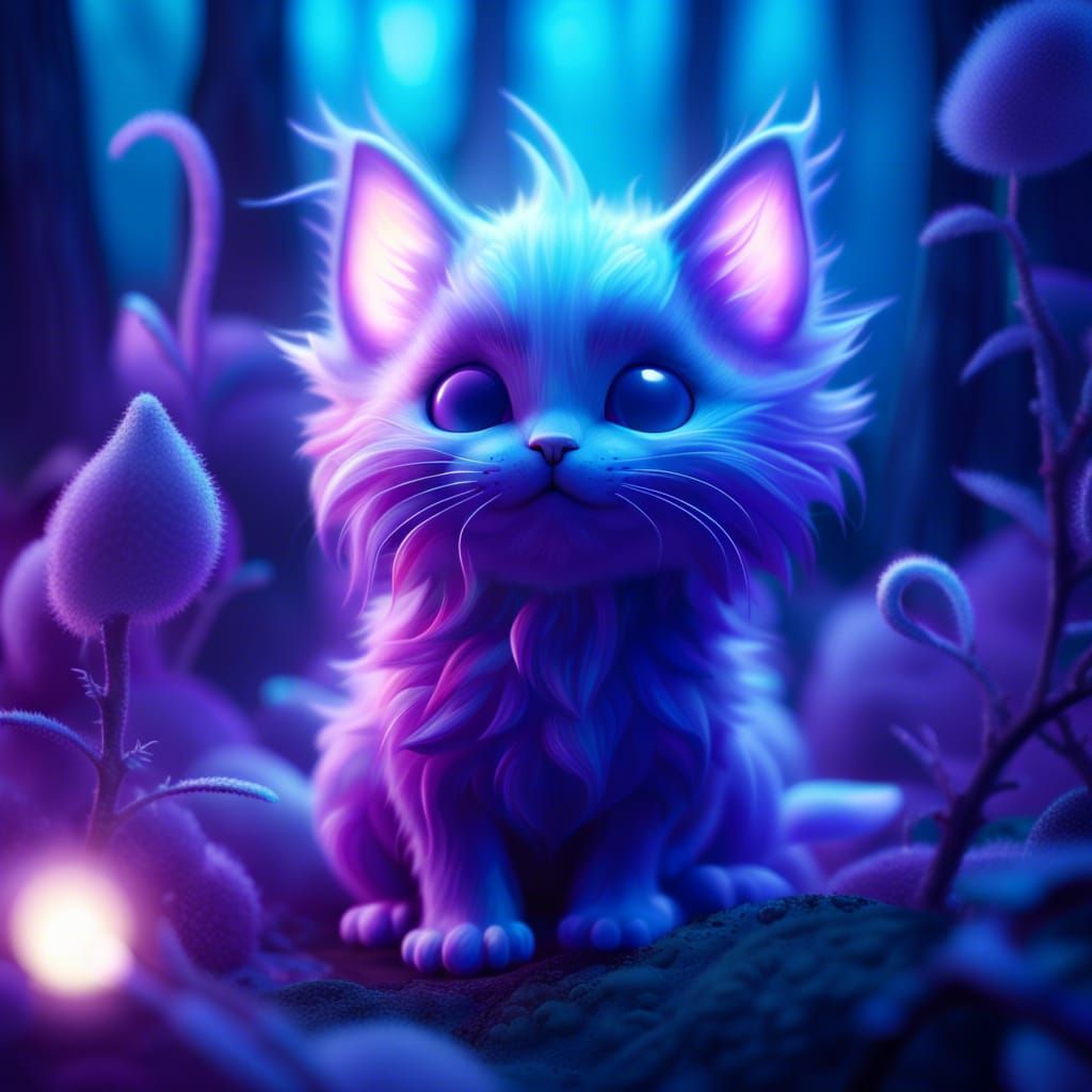 Cute Kitten as Purple Smoke in Blue Forest