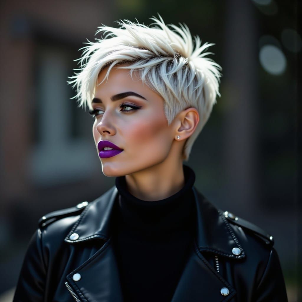 Woman with Purple Lipstick and Pixie Cut in Leather Jacket
