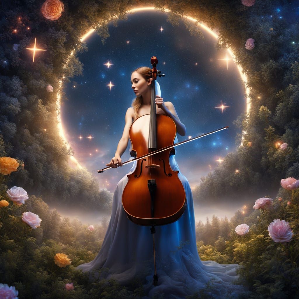 Dreamlike Woman Plays Cello Under Starry Sky