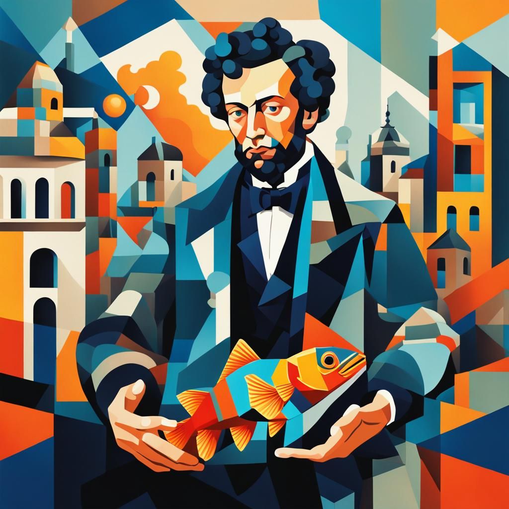 Alexander Pushkin with Goldfish in Cubist Cityscape