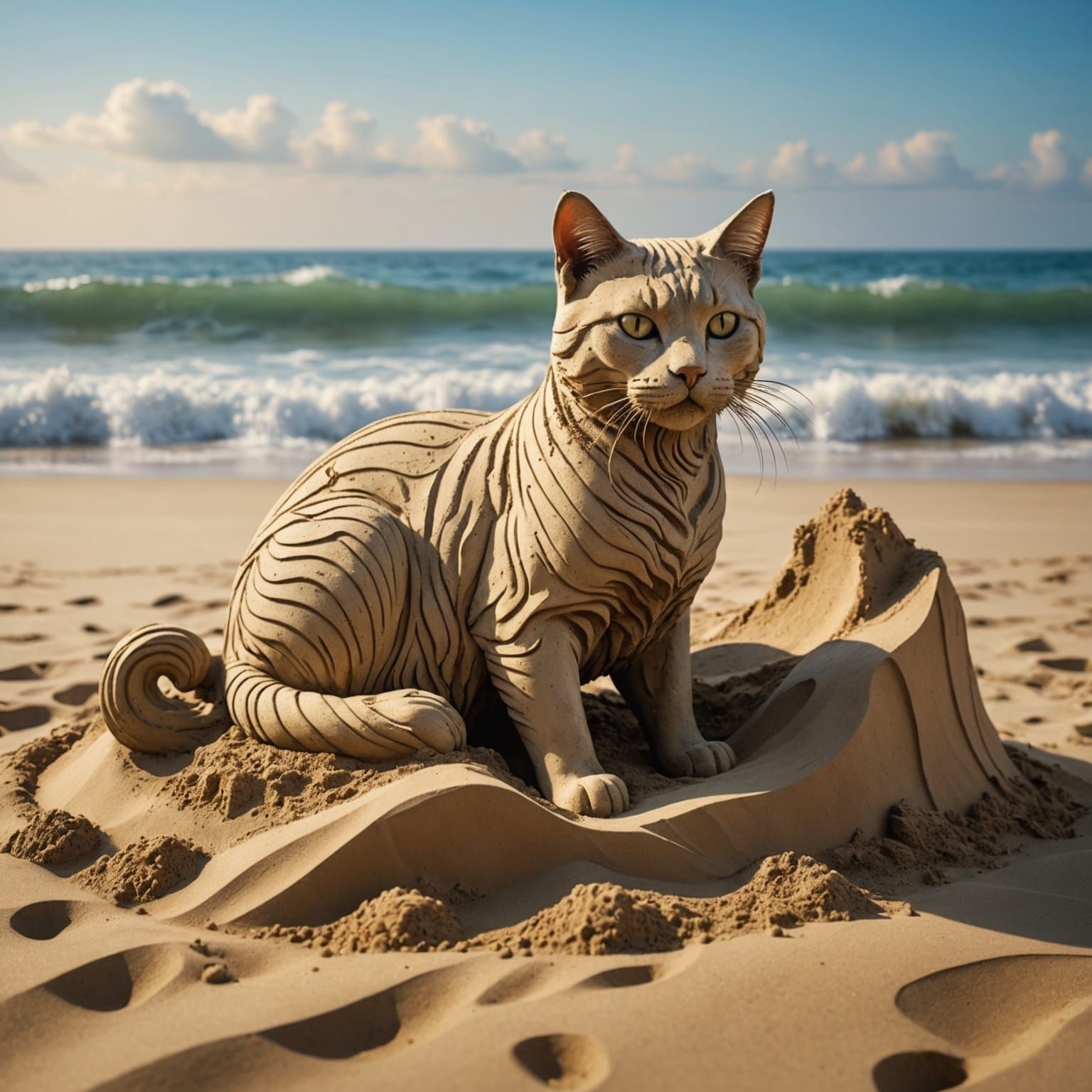 Hyperrealistic Sand Cat Sculpture with Ocean Waves