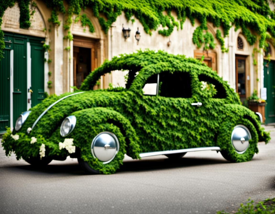 VW Beetle Car Made of Vines and Foliage