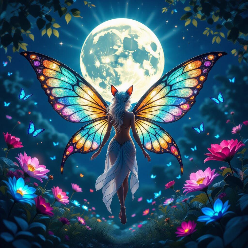 Enchanting Hybrid Creature Under Bioluminescent Forest Moon