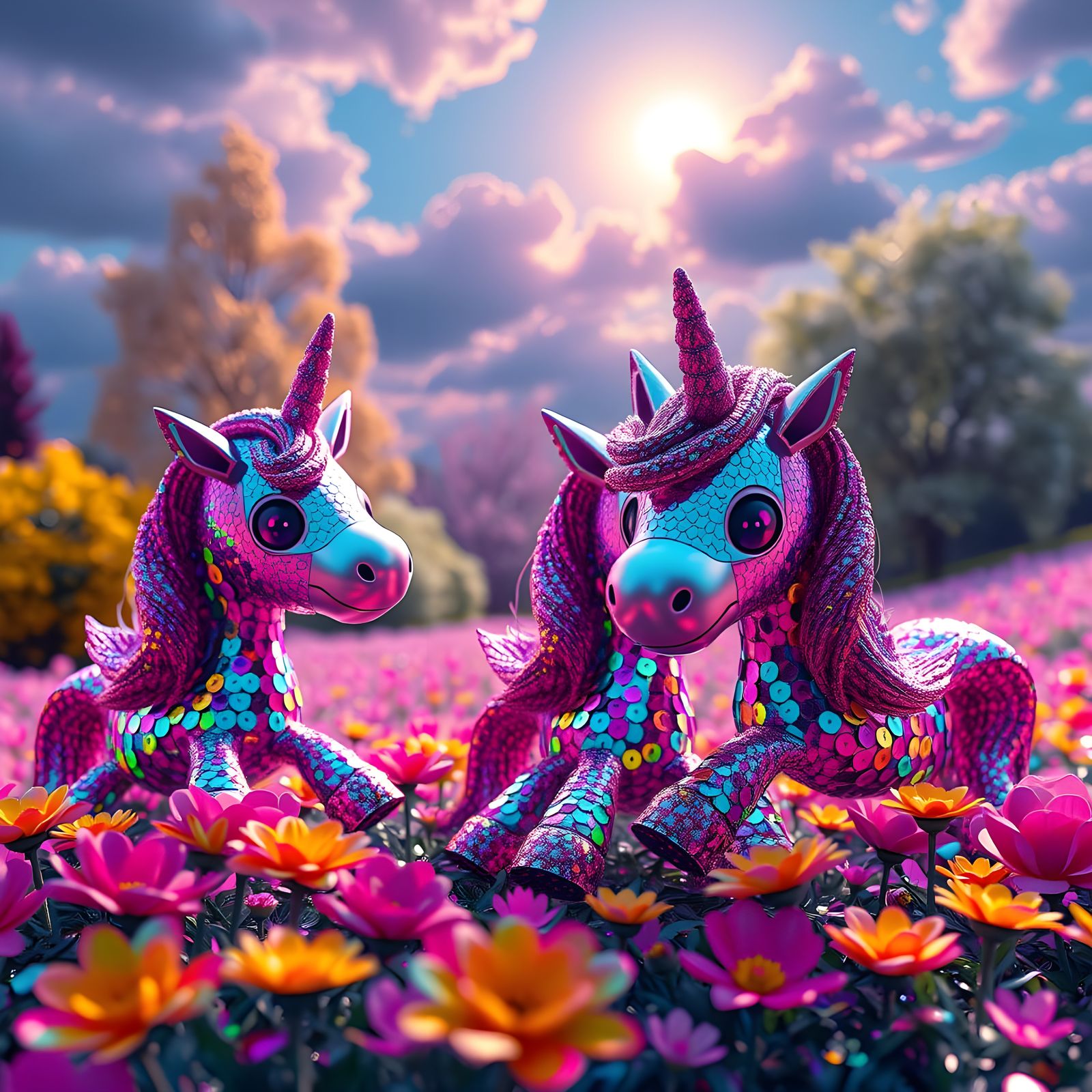 Rainbow Sequin Robot Unicorn Scene in Hyperrealism Style
