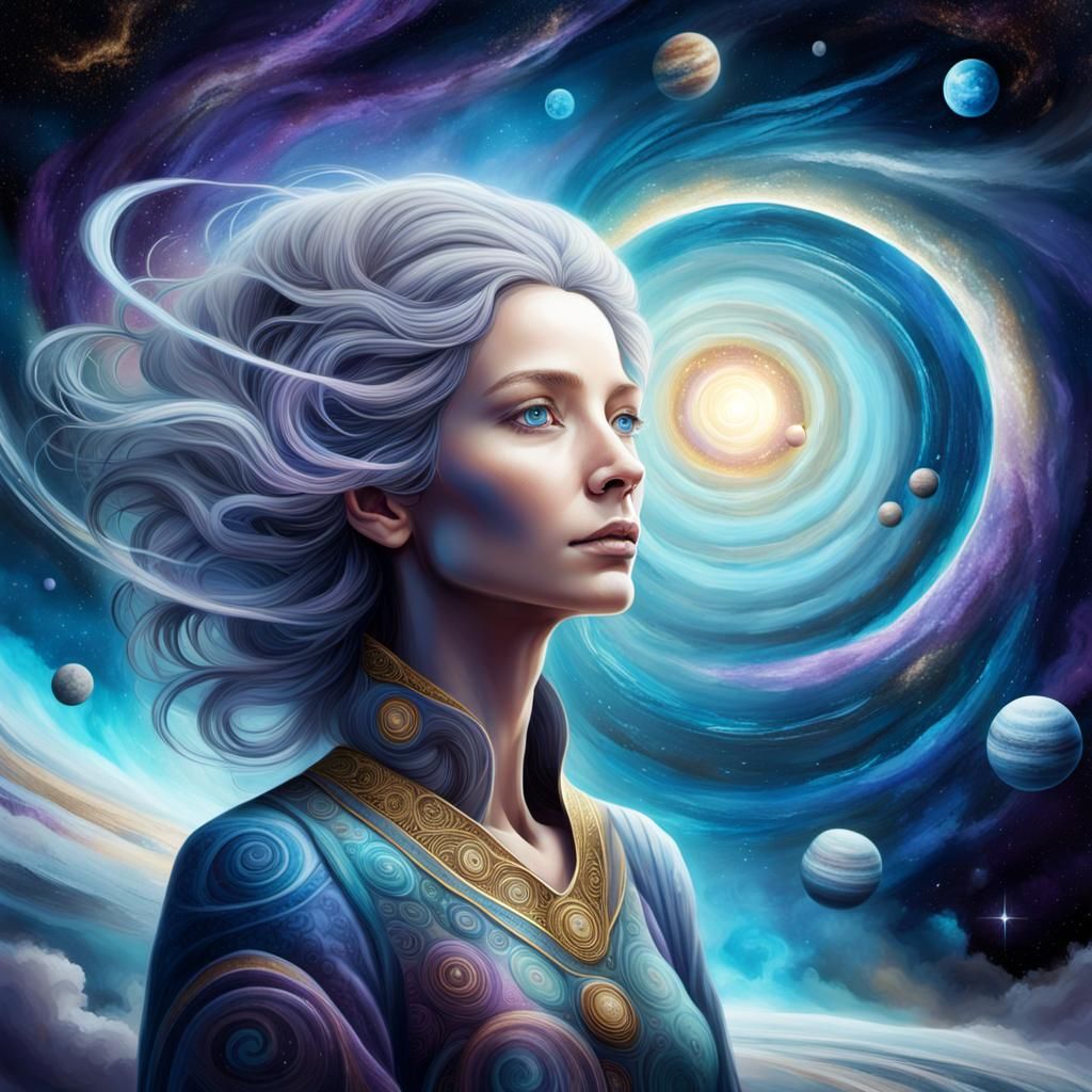 Ethereal Woman Gazing into Surreal Cosmos