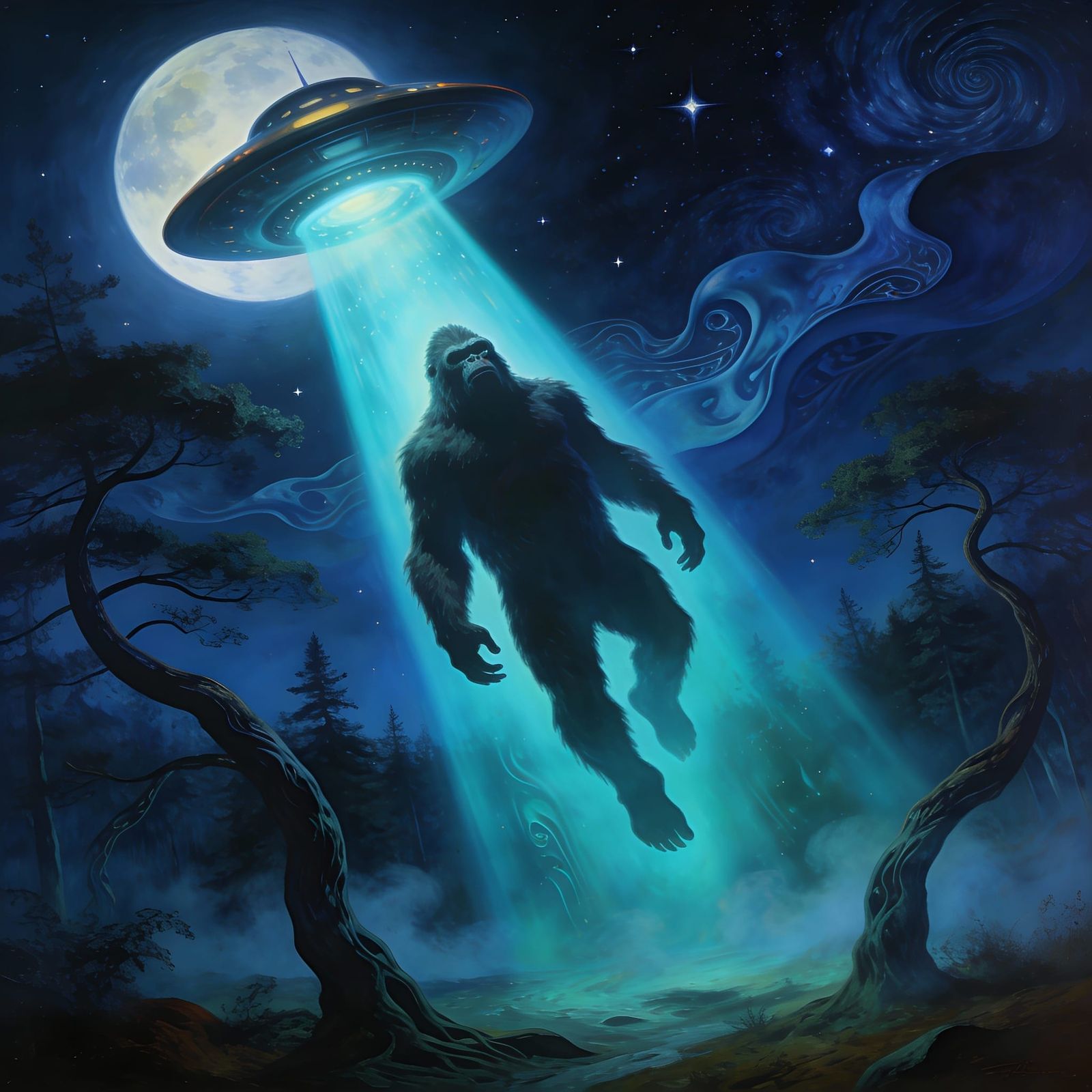Sasquatch Abducted by UFO in Surreal Moonlit Wilderness