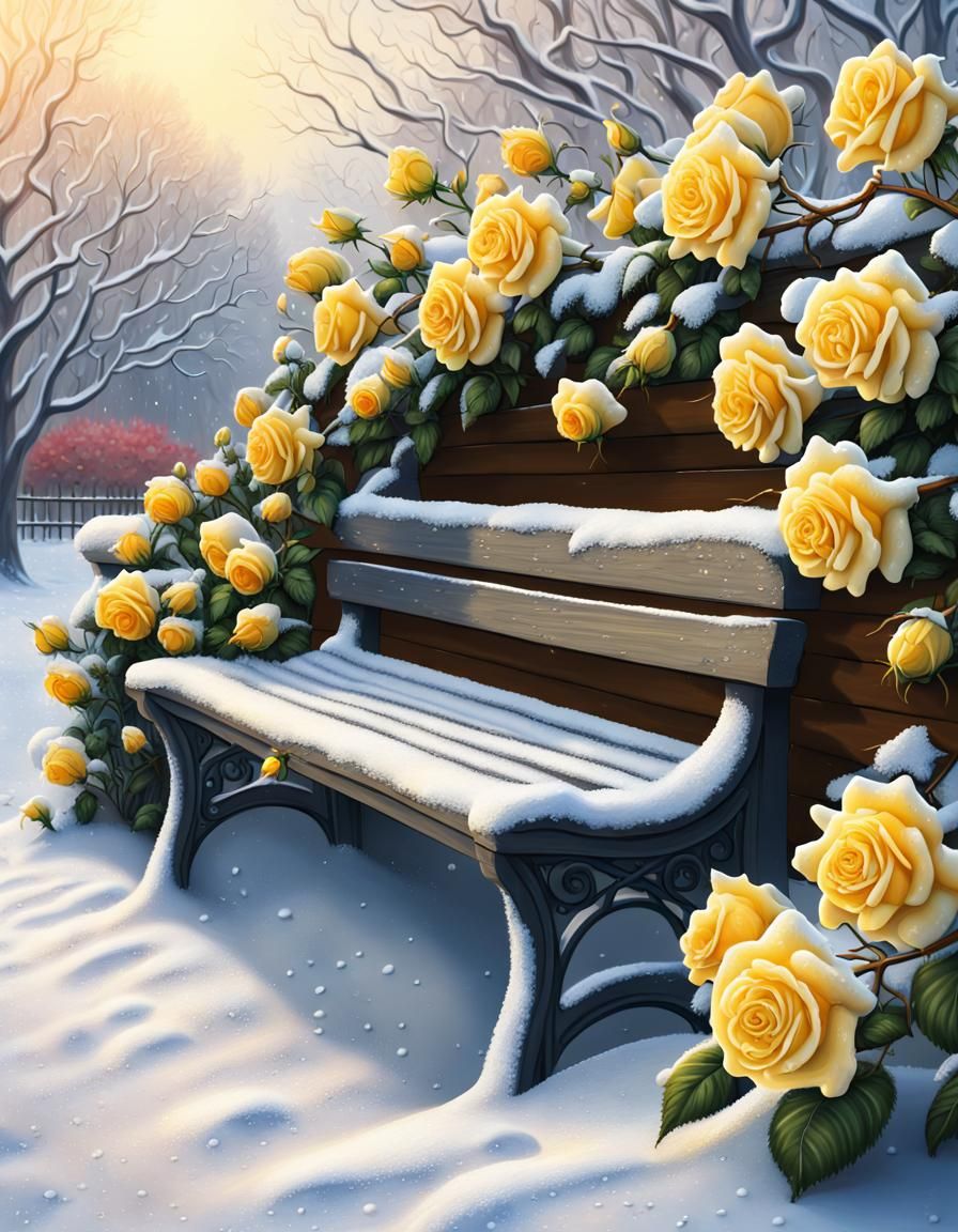 Winter Garden Bench in Hyperdetailed Oil Painting