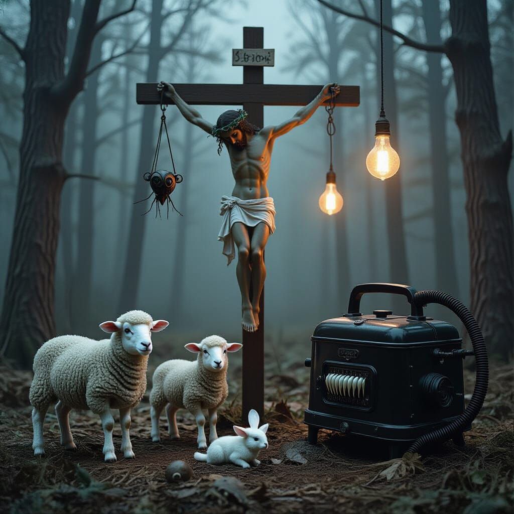 Haunting Hybrid Creatures in Dark Forest, Surreal Photograph...