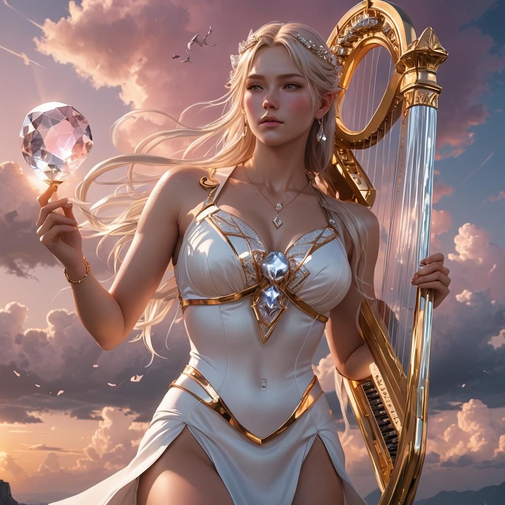 Nordic Woman with Crystal Harp in Anime Style