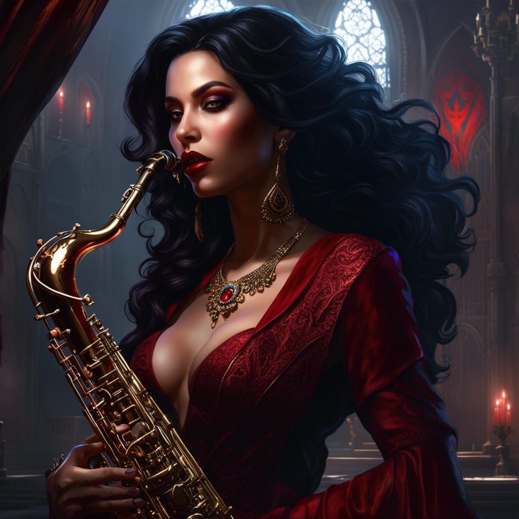 Stunning Vampiress Playing Saxophone in Dark Fantasy Style