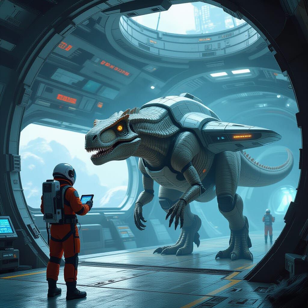 Dinosaur Pilot Steers Futuristic Spaceship