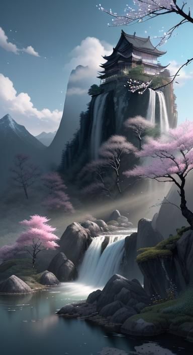 Mountains in Early Spring as Chinese Ink Painting