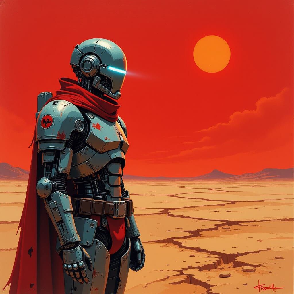 Lone Cyborg Warrior on Desolate Plain Under Blood-Red Sky