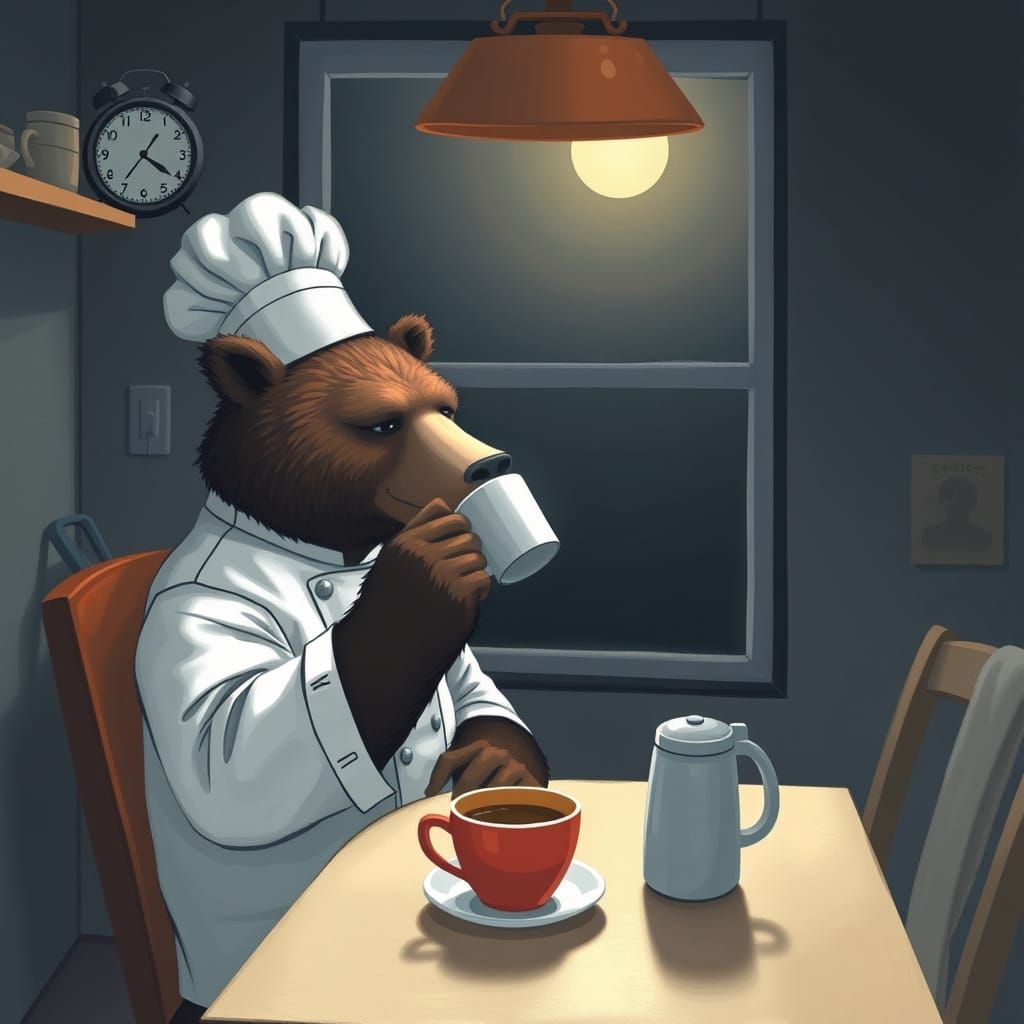 Grizzly Bear Sips Coffee in Darkened Kitchen