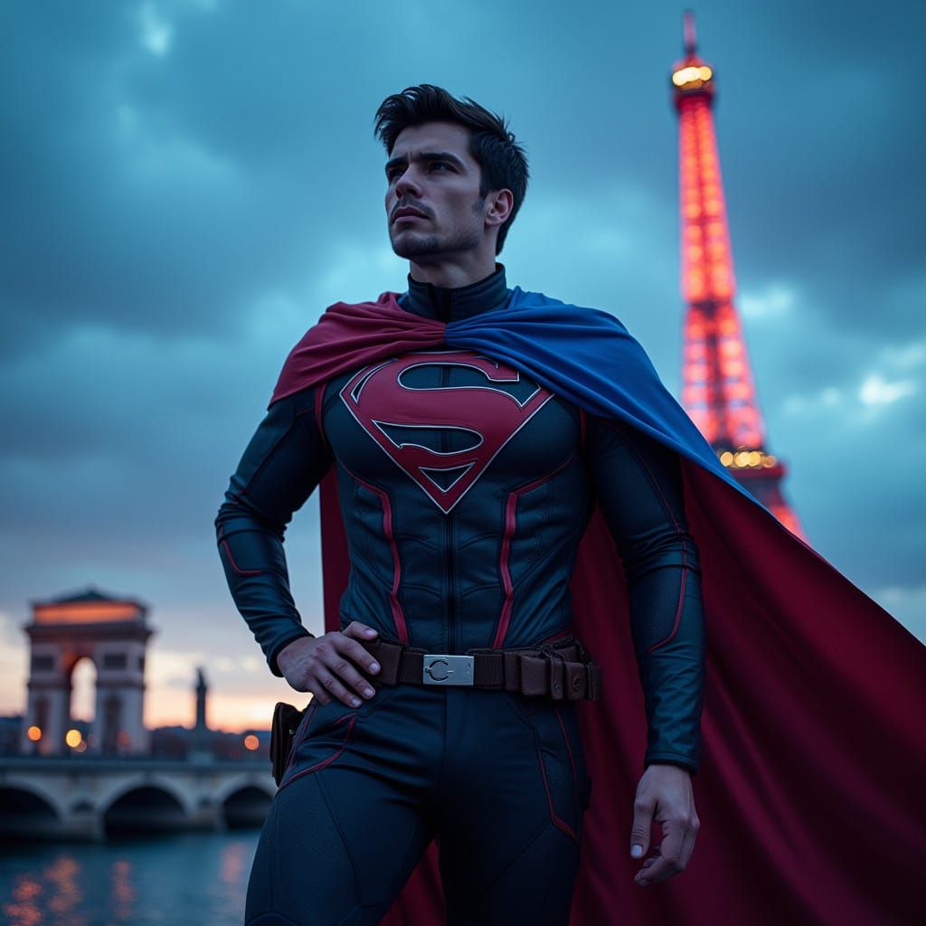 French Politician as Dark Superhero with Golden Accents and...