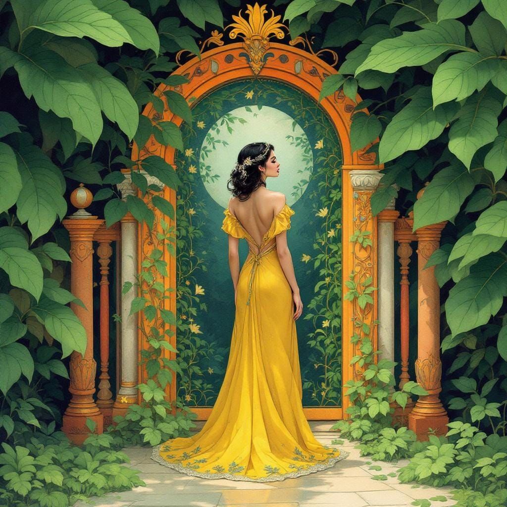 Elegant Woman at Leafy Entrance, Art Nouveau Style