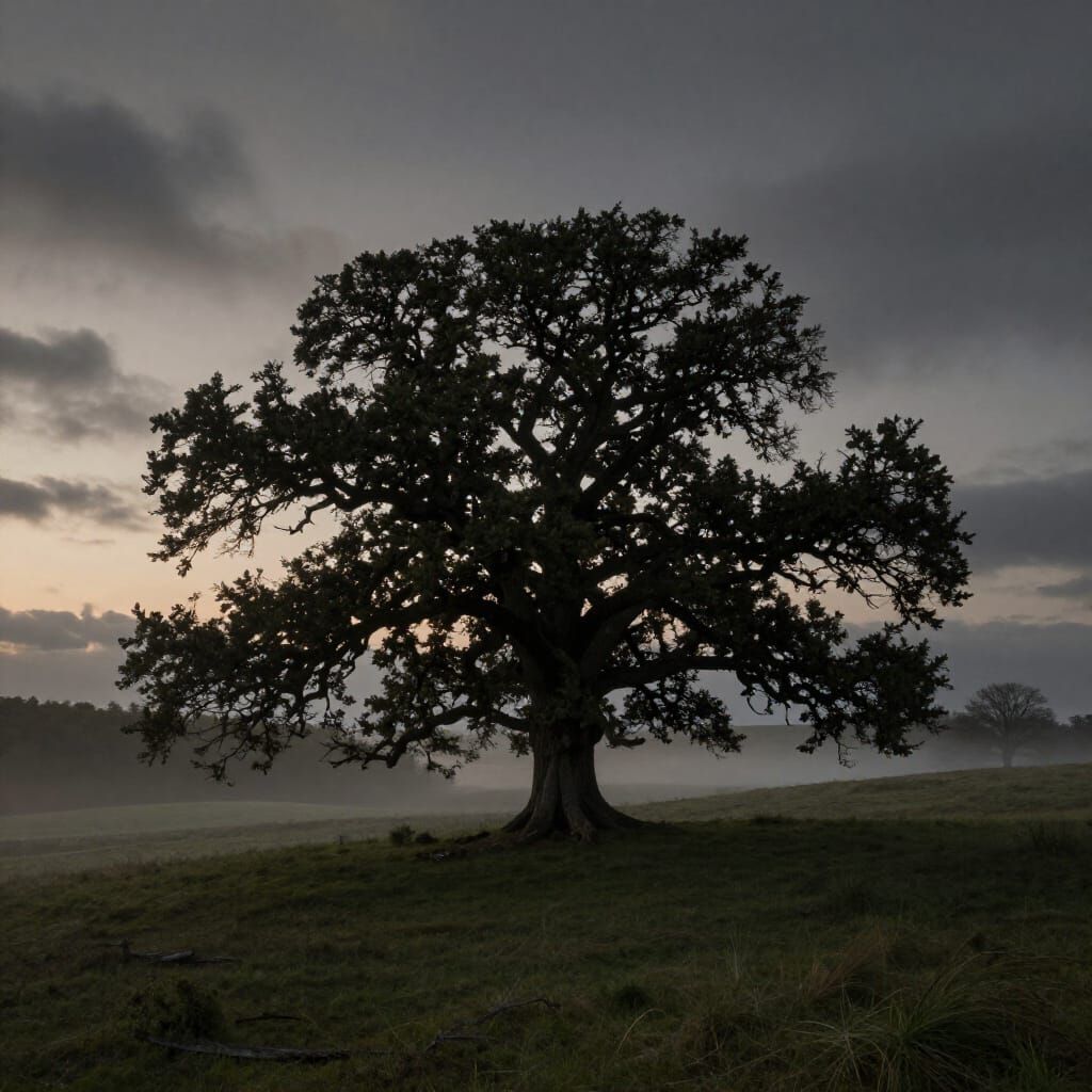 Ancient Oak Tree in Twilight Valley, Romantic Landscape