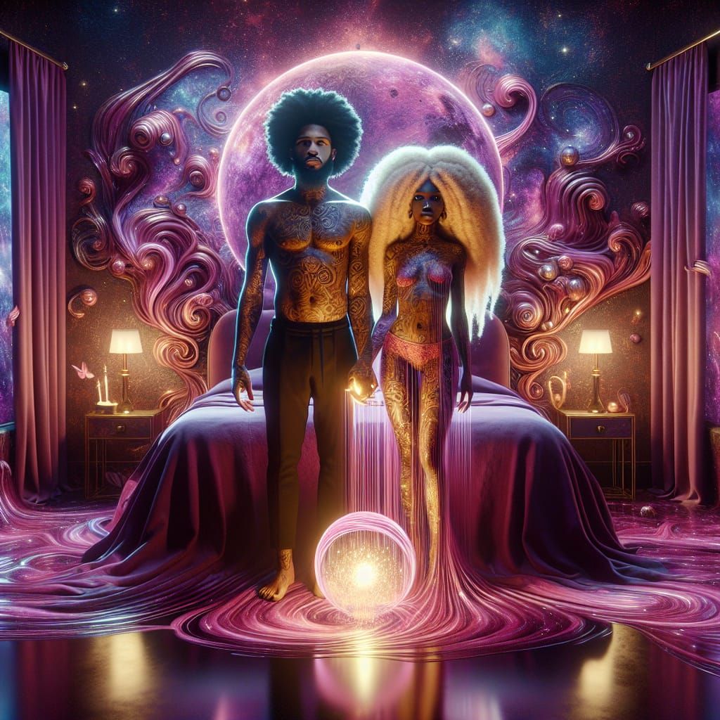 Cosmic Couple in Purple Boudoir, Hyperrealistic Art