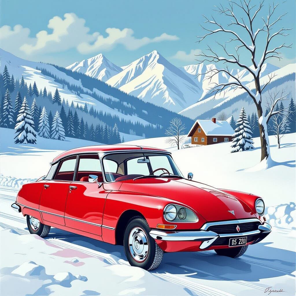 Red Citroën DS in Snowy Landscape, Arshile Gorky Style