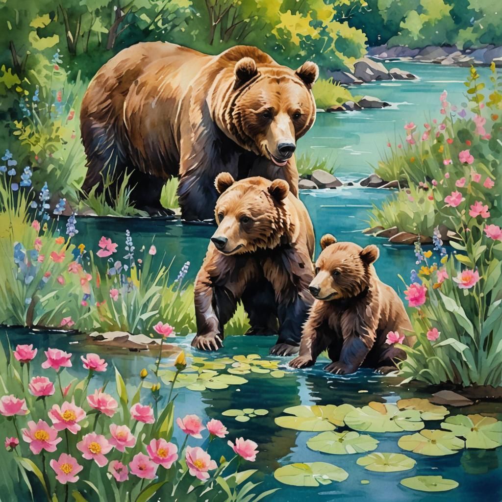 Brown Bears in Garden, Impressionist Gouache Watercolor