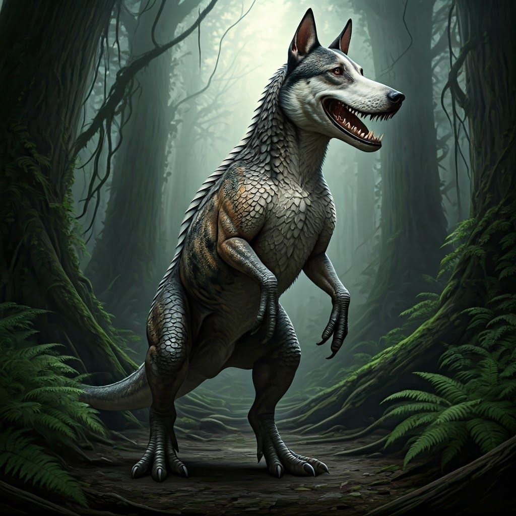 Surreal Prehistoric Canine Tyrant Stands Tall in Dark Forest