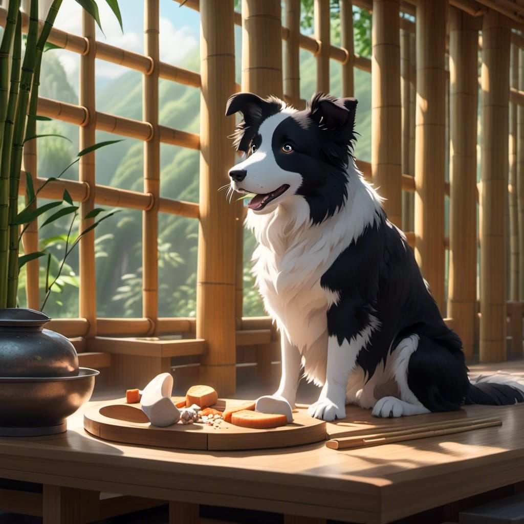 Border Collie with Bone in Anime Style