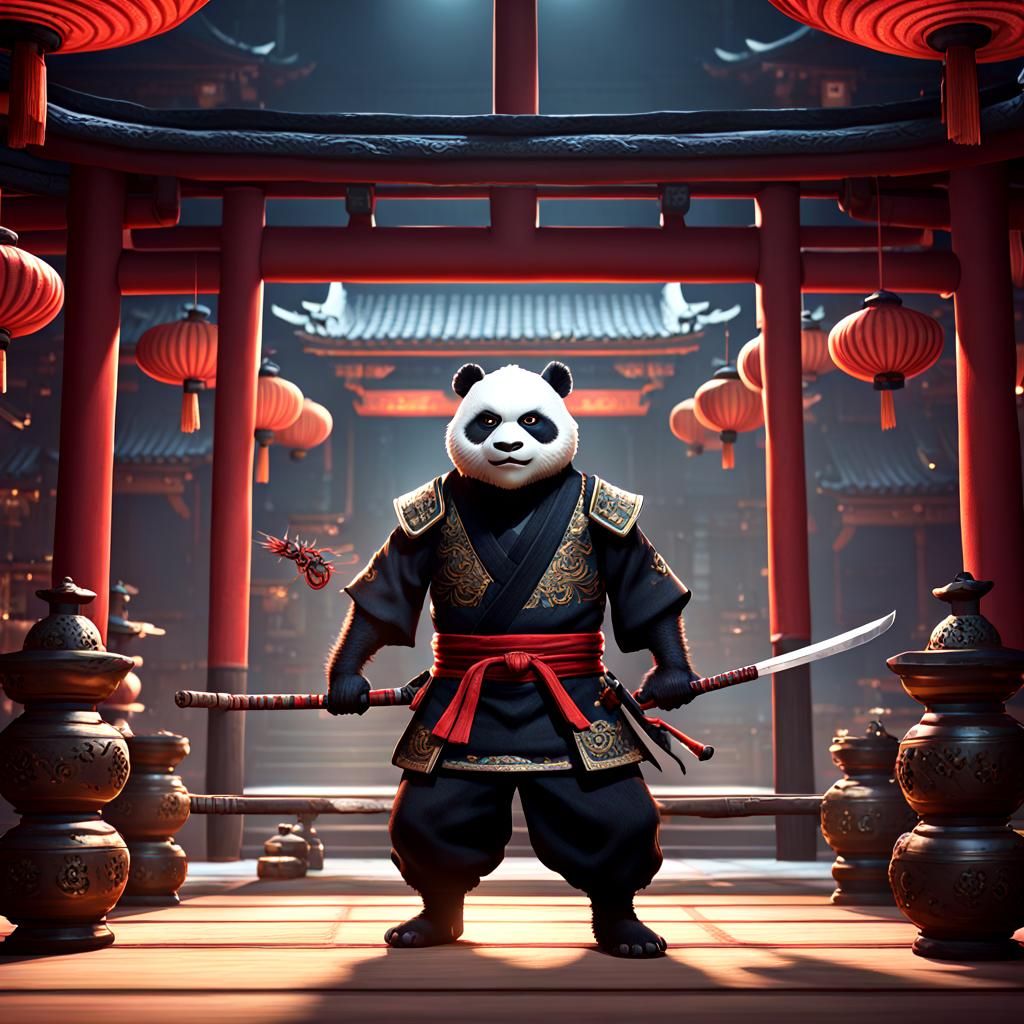 Panda Ninja Dojo Fight in Detailed Matte Painting