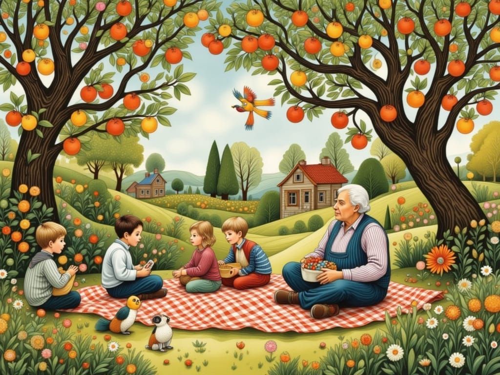 Idyllic Family Moment in a Whimsical Pastoral Scene