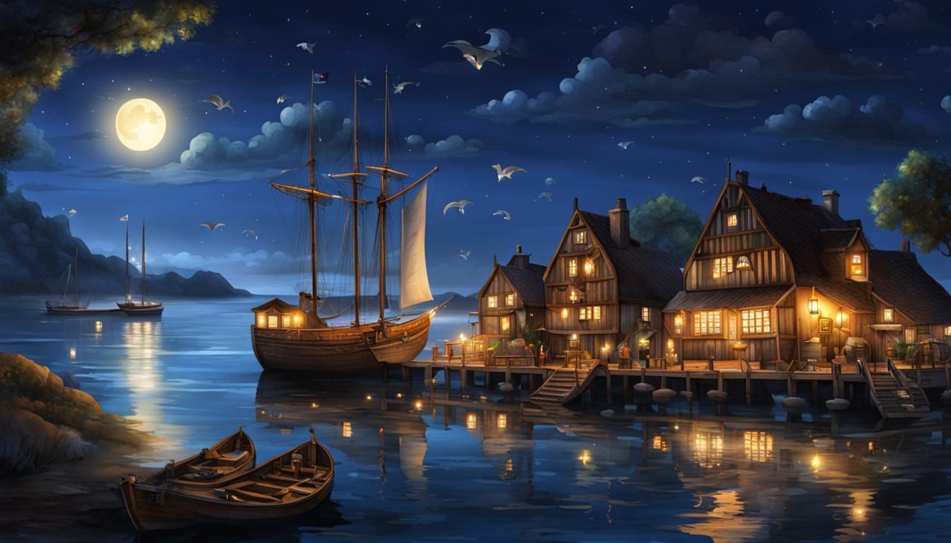 Medieval Seaside Tavern Under Starry Night Sky