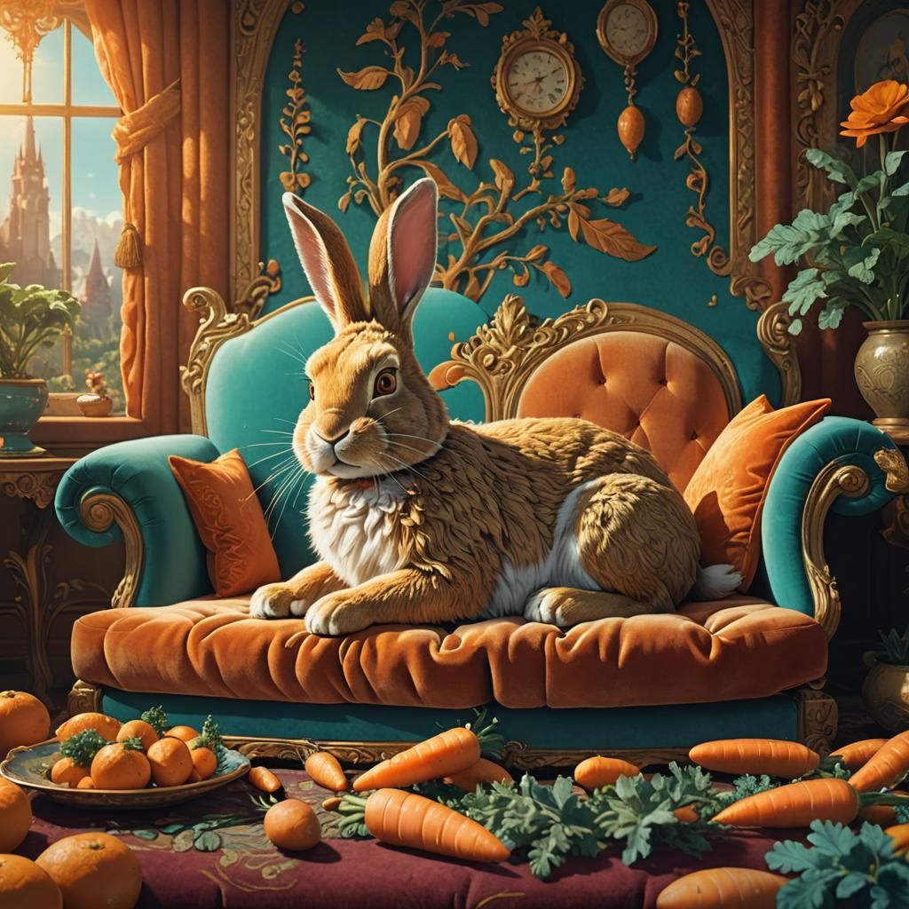 Golden Rabbit Munching Carrots: Whimsical Digital Art