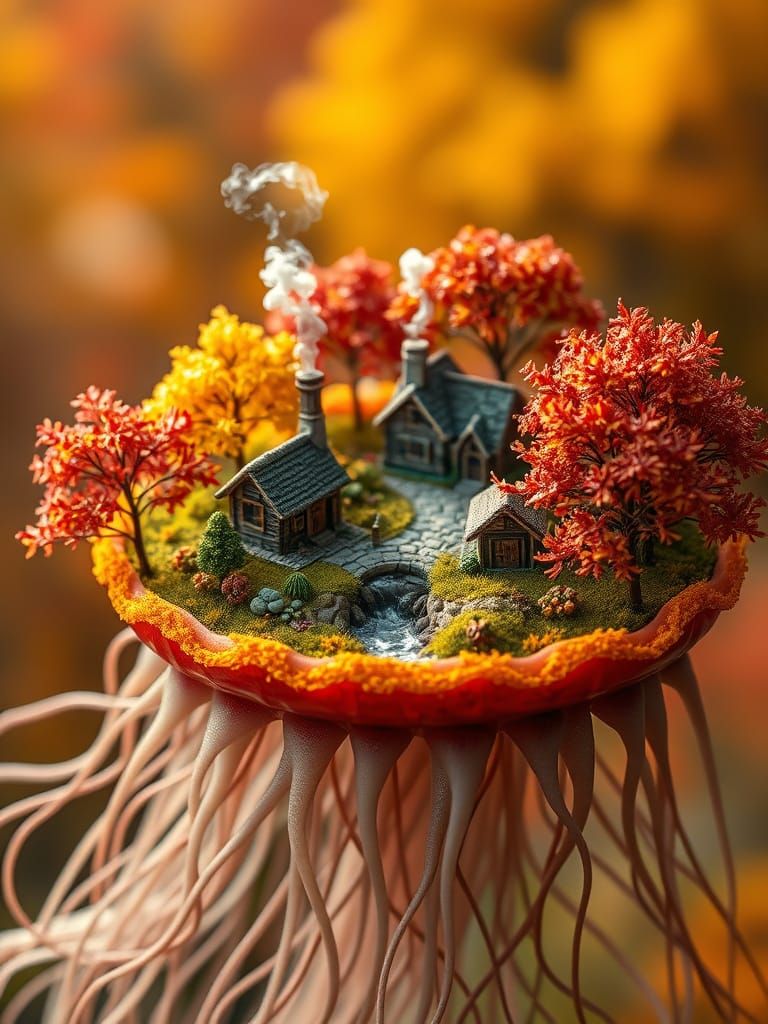 Cozy Autumn Village Diorama Inside a Jellyfish