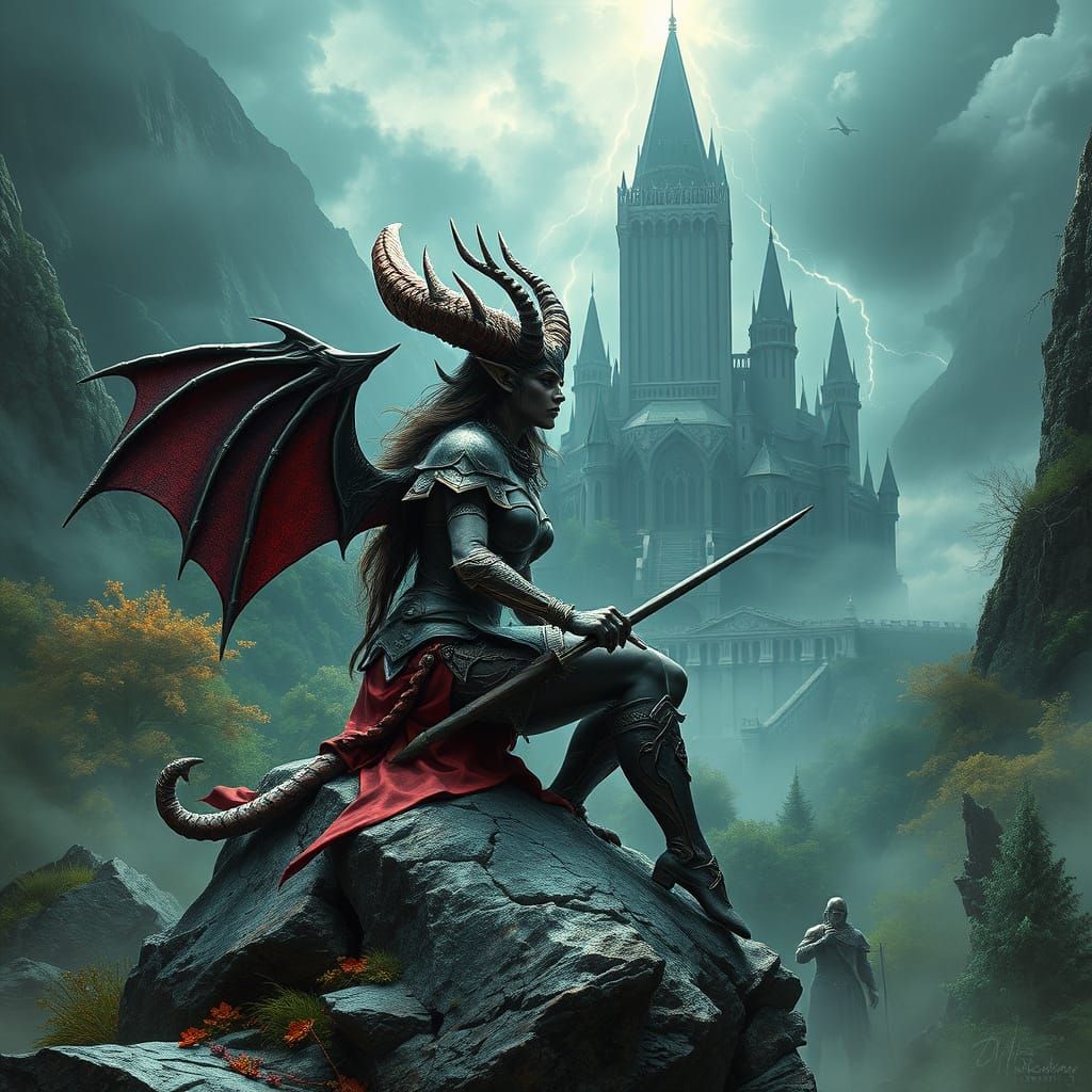 Epic Demon Sorceress in Fantasy Landscape
