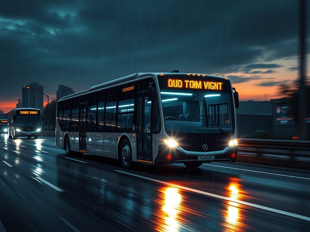 Futuristic City Bus Speeds Down Rainy Highway at Dusk