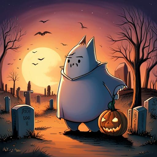 Halloween Monsters Trick-or-Treating in Graveyard