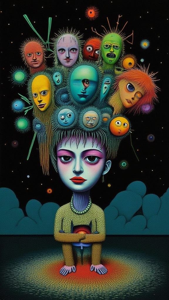 Mindscape of Emotions: Contemplative Face Surrounded by Ange...