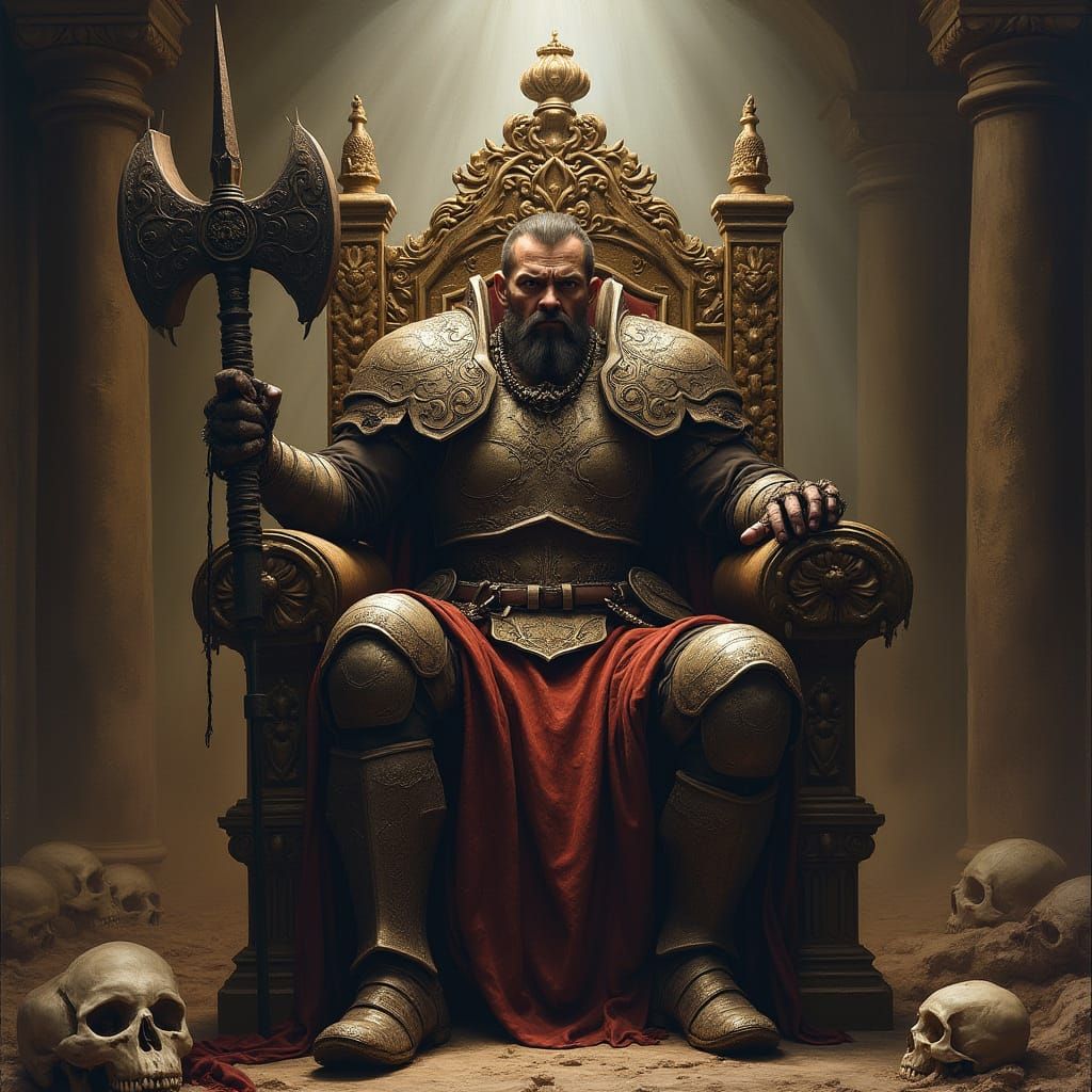 Brooding Warrior on Skull Throne in Baroque Style