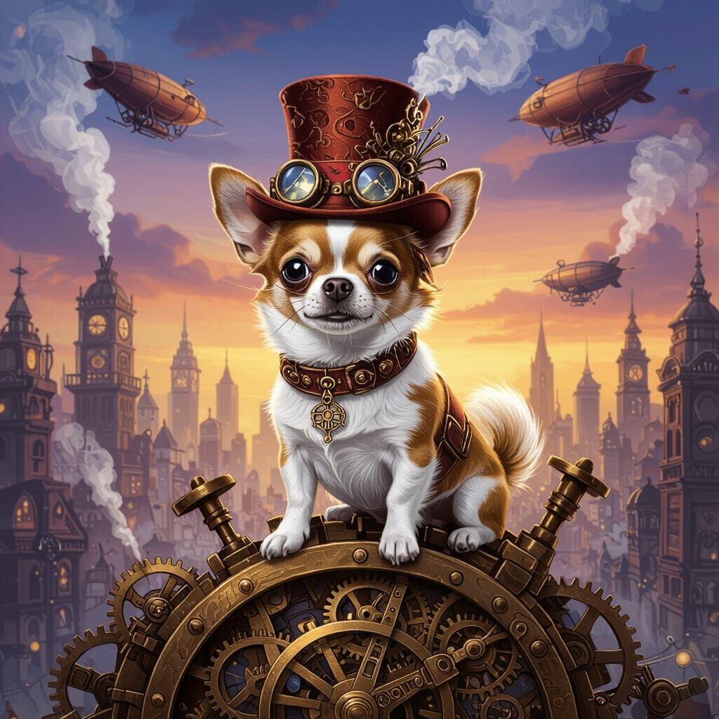 Steampunk Chihuahua in Clockwork Metropolis