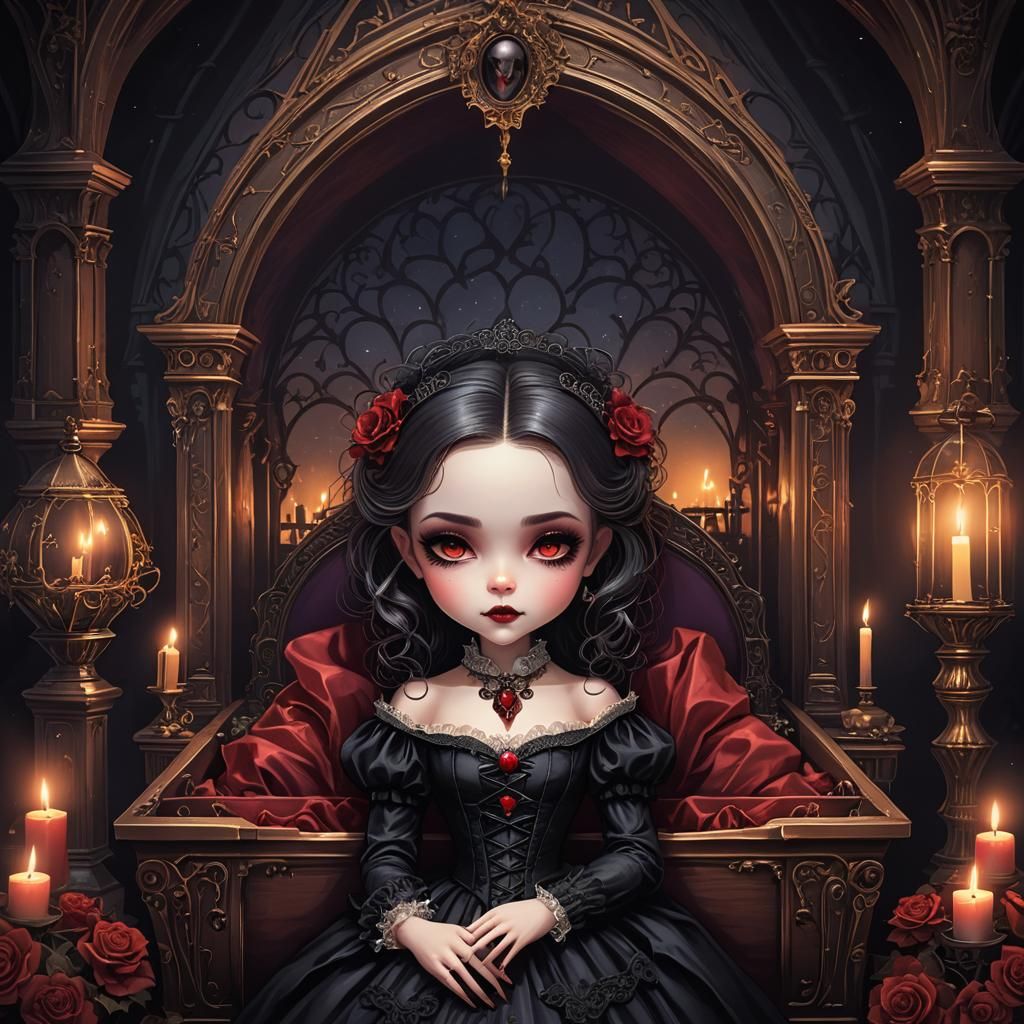 Adorable Victorian Vampire in Coffin, Gothic Setting